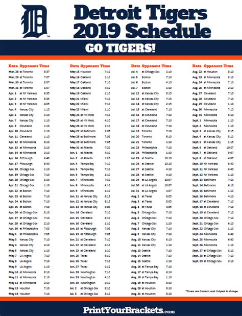 Detroit Tigers Printable Schedule