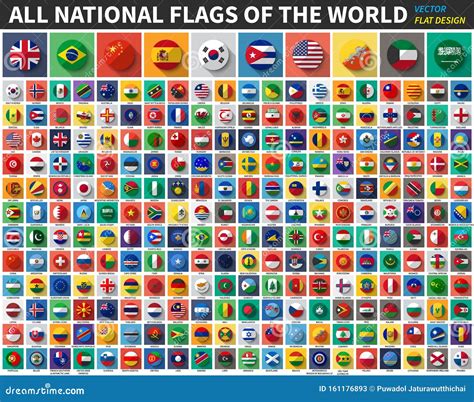 Alla Världens Nationella Flaggor Platt Färg Och Lång Skuggdesign Vector