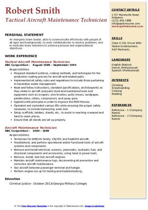 Aircraft Maintenance Technician Resume Samples Qwikresume