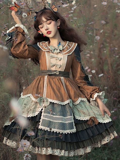 Sweet Lolita Op Dress Bows Lace Up Coffee Brown Long Sleeves Lolita One