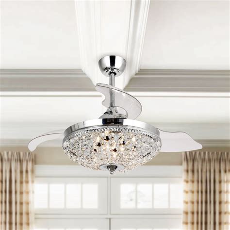 42 Inch Crystal Ceiling Fan With Remote Control Retractable 3 Blades