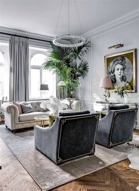 Art Deco Style Glam Living Room Decor With Grey Velvet Chesterfield