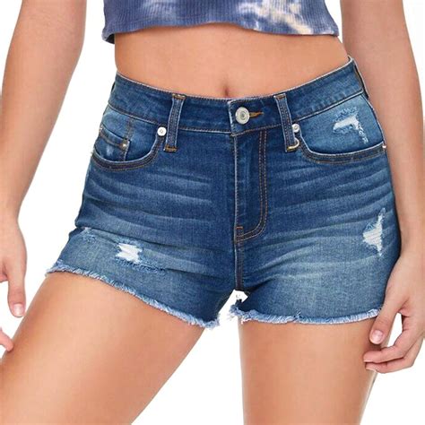 Women High Waisted Ripped Jean Shorts Summer Casual Blue Distressed