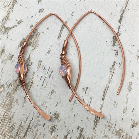 Wishbone Opalite Moonstone Earrings Copper Threader Earrings With