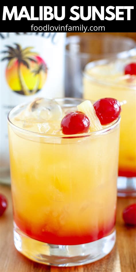 A delicious cocktail recipe for the malibu sunset cocktail with malibu rum, pineapple juice and grenadine. Malibu Sunset Cocktail in 2020 | Fruity summer drinks, Alcohol drink recipes, Fruity alcohol drinks