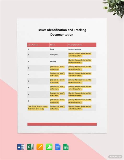Issues Identification And Tracking Document Template In Excel Word