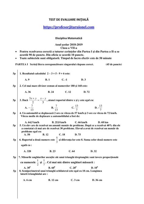 Test Initial Matematica Clasa A 7 A Cu Rezolvare Barem