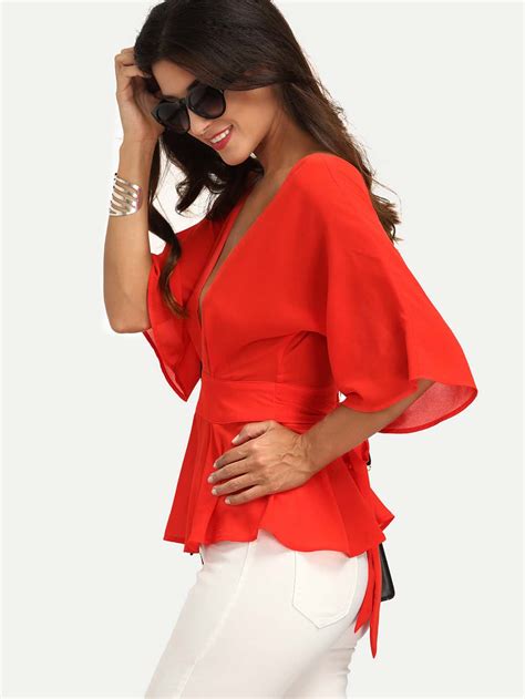 Red Sheer Plunge V Neck Open Back Blouse Sheinsheinside