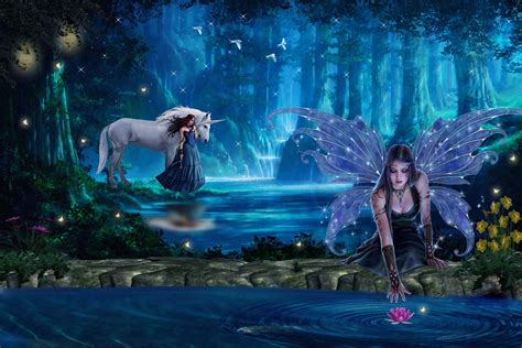 Pretty Female Fairy Glow In Fantasy Woodland At Night