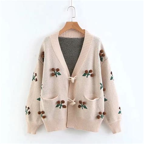 2018 Vintage V Neck Cardigan Women Cherry Embroidery Harajuku Sweater Women Knitwear Sweater