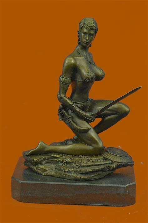 Signed Amazon Nude Woman With Sword Bronze Statue Sculpture Art Deco Figure