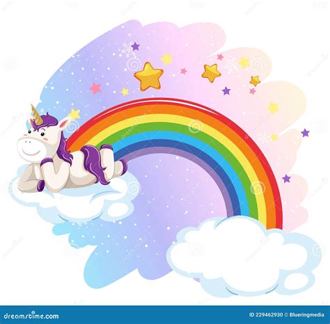Cute Unicorn Laying On Cloud In The Pastel Sky With Rainbow Stock