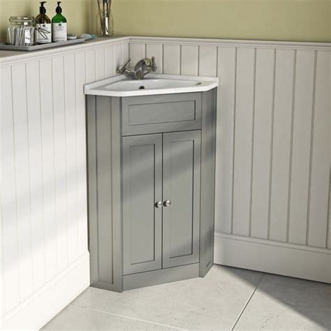Bathroom vanity units, also referred to as sink vanity units are essential for creating a stylish modern bathroom. The Bath Co. Camberley satin grey corner floorstanding ...
