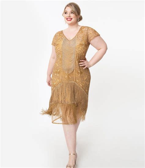 Plus Size 1920s Style Gold Beaded Edith Flapper Dress Great Gatsby