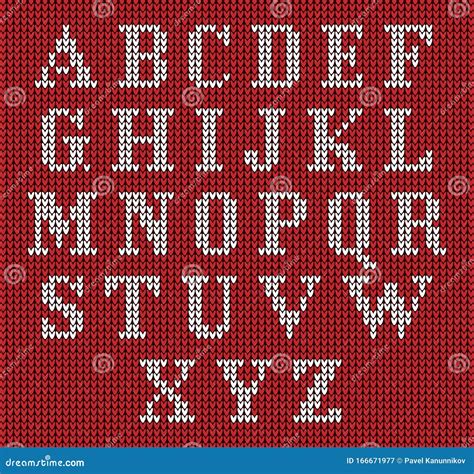 Knitted Alphabet On Red Background Christmas Crochet Font On Knitted