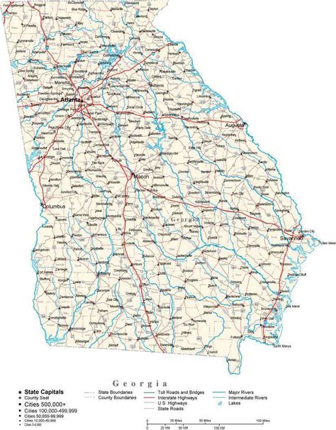 Georgia state large detailed administrative map with roads, highways and cities. Georgia with Capital, Counties, Cities, Roads, Rivers & Lakes