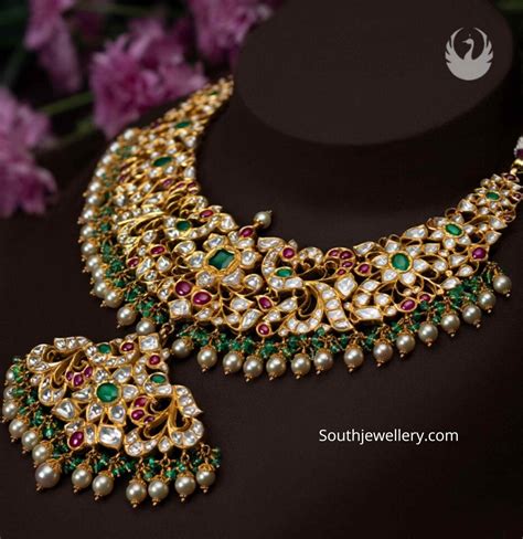 Antique Gold Peacock Floral Kundan Necklace Indian Jewellery Designs