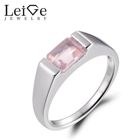 Leige Jewelry Natural Pink Quartz Rings Wedding Rings Emerald Cut Pink