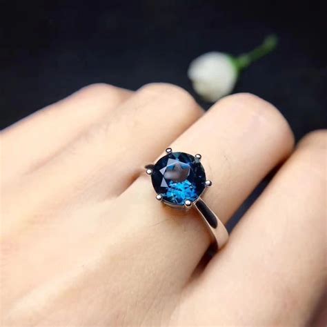 Fashion Simple Round Natural London Blue Topaz Ring Natural Gemstone Ring 925 Sterling Silver