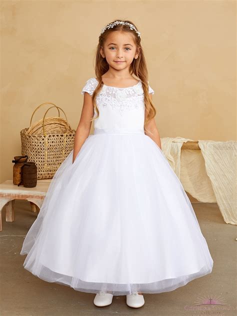 Buy First Communion Dress Satin Lace Mesh Bodice Cap Sleeves For Sale