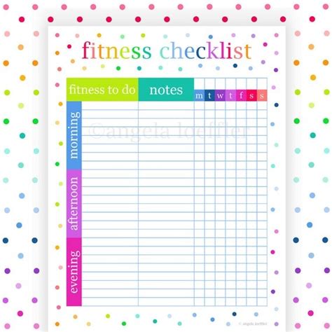 Fitness Checklist Printable Planner Health Fitness