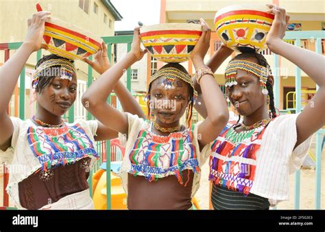 Nigerian Girls Showcasing Hausafulani Traditional Costume On Their Cultural Day Lagos Nigeria