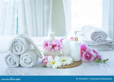 Spa Concept Spa Treatment Set And Aromatic Massage Oil On Bed Massage Thai Setting For Aroma