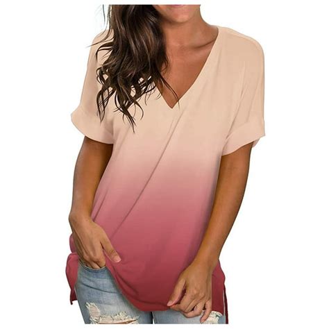 abcnature abcnature womens gradient color t shirts short sleeve casual tops v neck loose fit