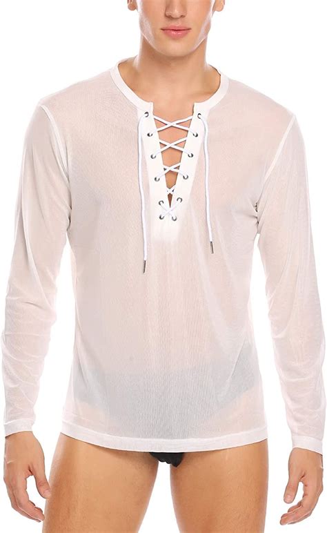 Coofandy Mens Sexy Lace Up See Through Long Sleeve T Shirt Mesh