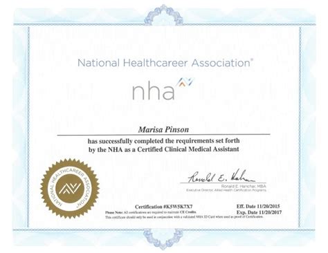 Nha Clinical Medical Assistant Certificate Marisa Pinson