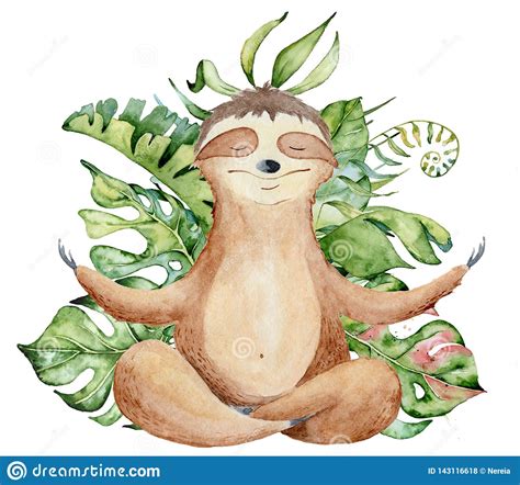 Watercolor Yoga Sloth In Lotus Position Cute Hand Drawn Illustration