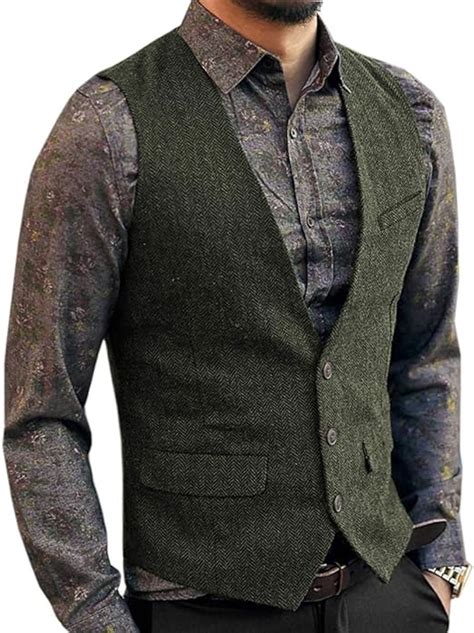 Aesido Mens Suit Vest Slim Fit Herringbone Wool Tweed Casual V Neck