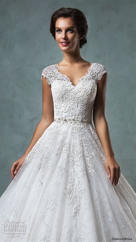 Amelia Sposa 2016 Wedding Dresses Lace Cap Sleeves V Neckline