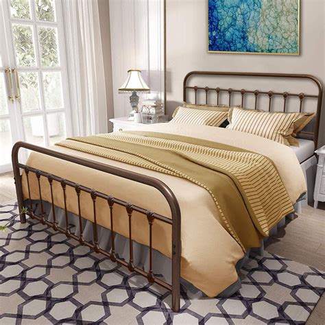 Queen Size Metal Bed Frame Platform With Headboard And Footboard Brown Finish
