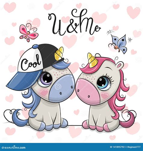Two Cartoon Unicorns On A Hearts Background Stock Vector Illustration