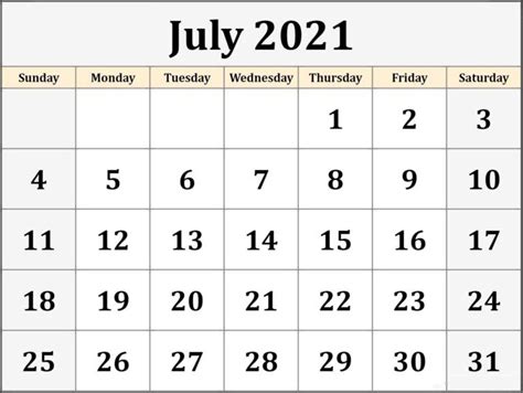 Free July 2021 Printable Calendar Templates