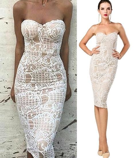 White Nude Lace Strapless Sweetheart Bustier Tight Bodycon Midi Dress