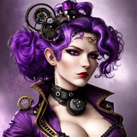 a steampunk woman purple hair closeup openart