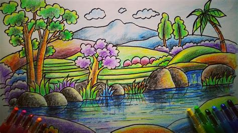 menggambar pemandangan gunung  danau   crayon youtube