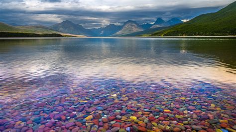 Beautiful Greenery Mountain Calm Body Of Water Colorful Pebbles Hd
