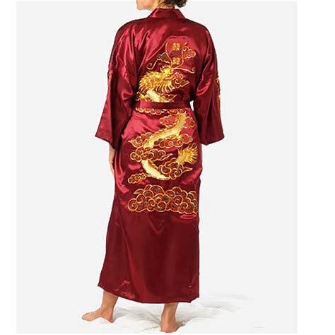 Burgundy Chinese Mens Satin Silk Robe Embroidery Kimono Bath Gown