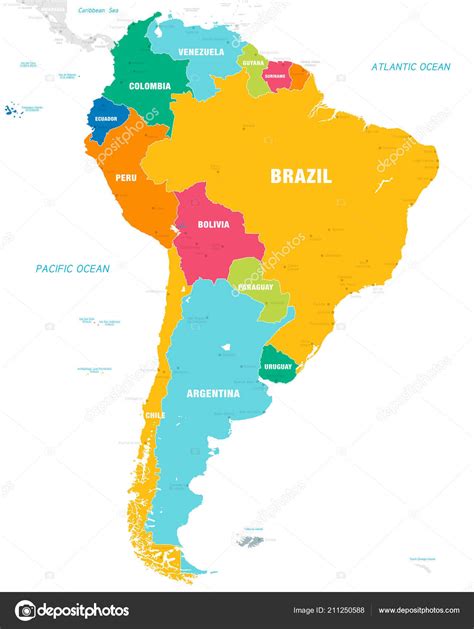 Vector Map South America Continent Countries Capitals Main Cities Seas
