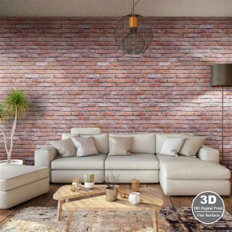 A Living Room Filled With Furniture And A Large Brick Wall Behind The