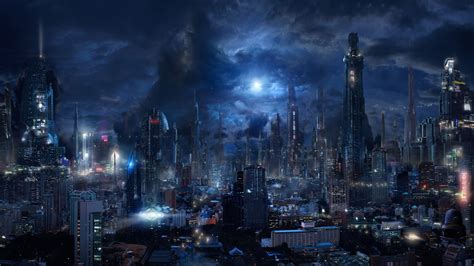 Download 1920x1080 Futuristic City Sci Fi Skyscrapers Night Dark