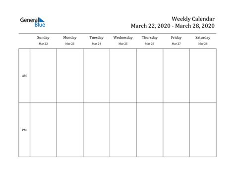 Weekly Calendar March 22 2020 To March 28 2020 Pdf Word Excel