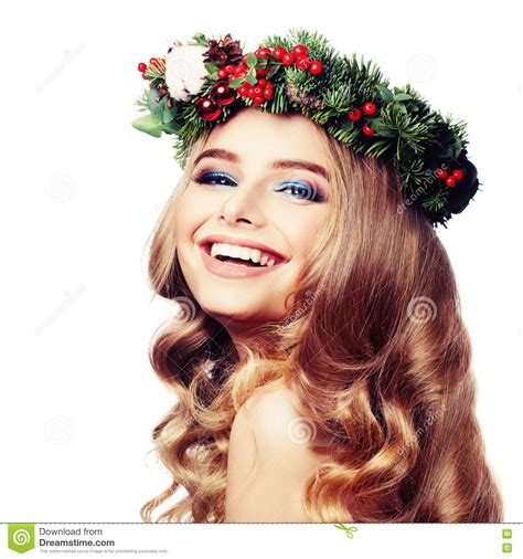 Smiling Model Woman With Christmas Wreath Isolated Stock Image Image