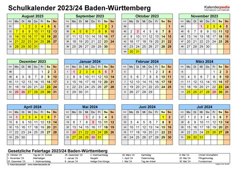 Schulkalender 2023/2024 Baden-Württemberg für PDF