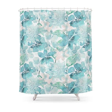 Blue Green Watercolor Flower Pattern Shower Curtain In Shower Curtains