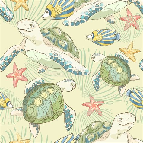 Seamless Pattern With Hand Drawn Sea Fish And Turtles Sea Wallpaper