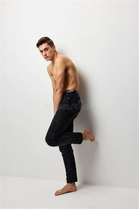 Handsome Man Black Pants Nude Body Attractiveness Self Confidence Stock